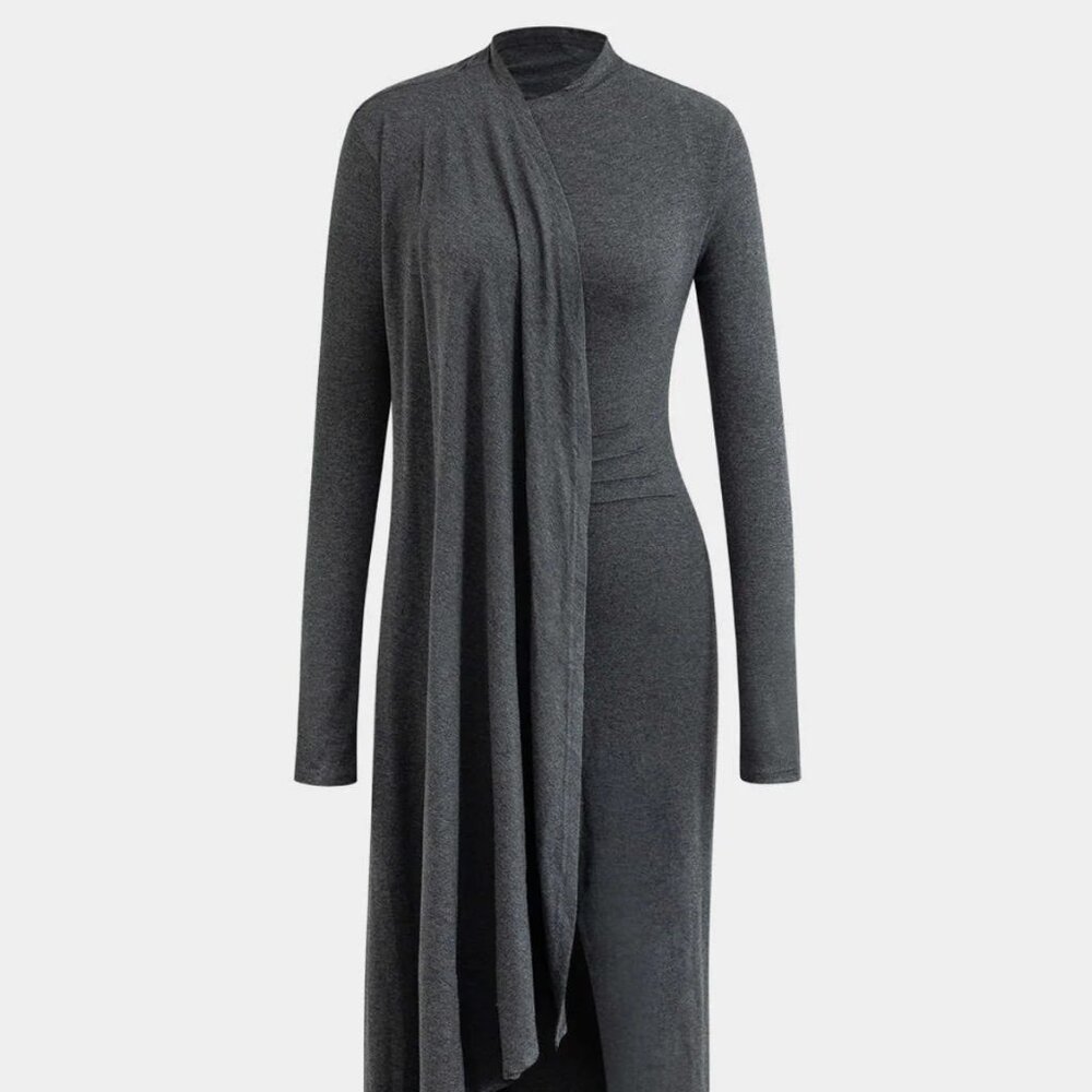Micas Mock Neck Wrap Ruched Long Sleeve Slit Maxi Dress | XL - Picture 2 of 5